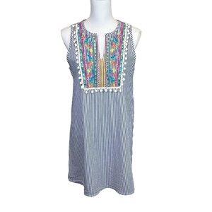 Love, Fire Blue & White Striped embroidered with Tassels Tank Dress Size Large